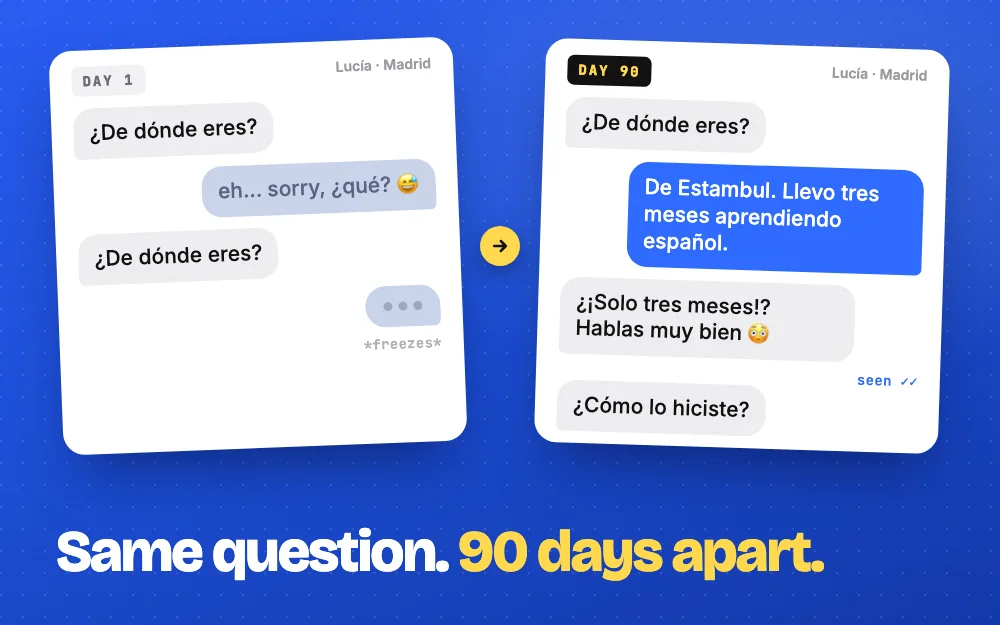 Same question, 90 days apart. Day 1 you freeze, day 90 you answer in Spanish
