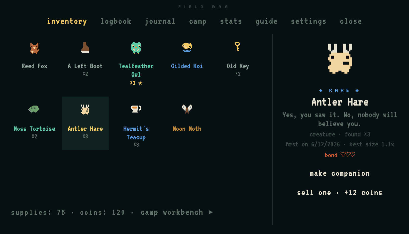 The Deepfield field bag: a grid of discovered creatures and artifacts in rarity colors, a gilded chest waiting to be opened